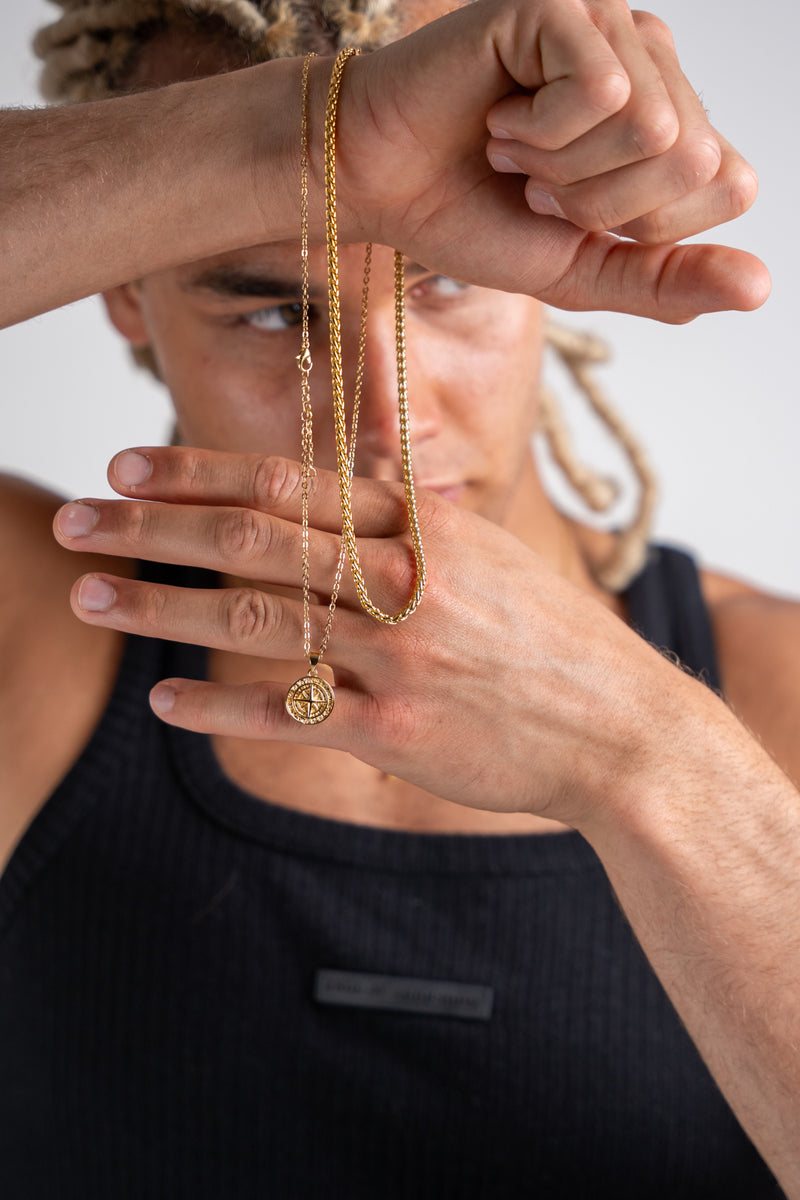 Gold Set - Compass and 5mm Rope Chain Necklace