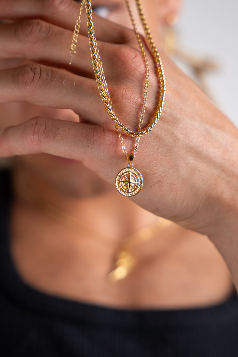 Gold Set - Compass and 5mm Rope Chain Necklace