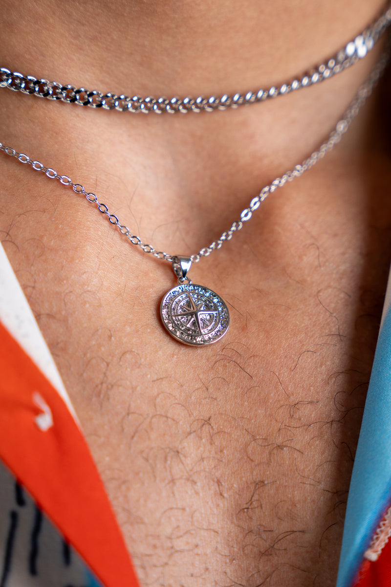 SILVER SET - COMPASS AND 5MM ROPE CHAIN NECKLACE