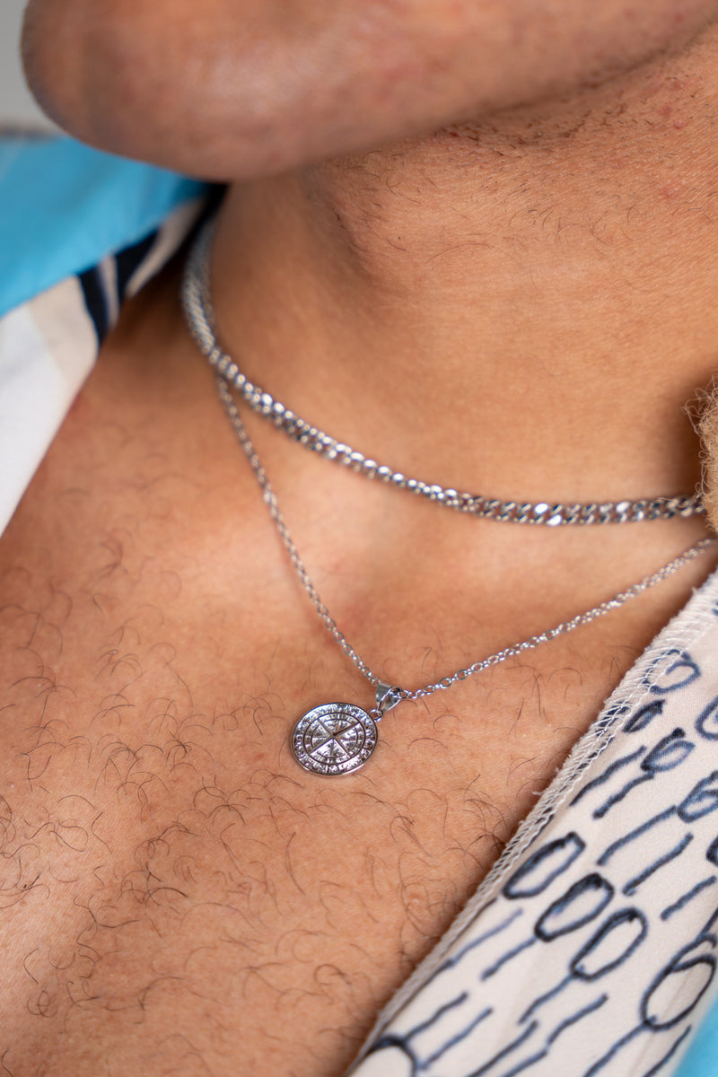 SILVER SET - COMPASS AND 5MM ROPE CHAIN NECKLACE