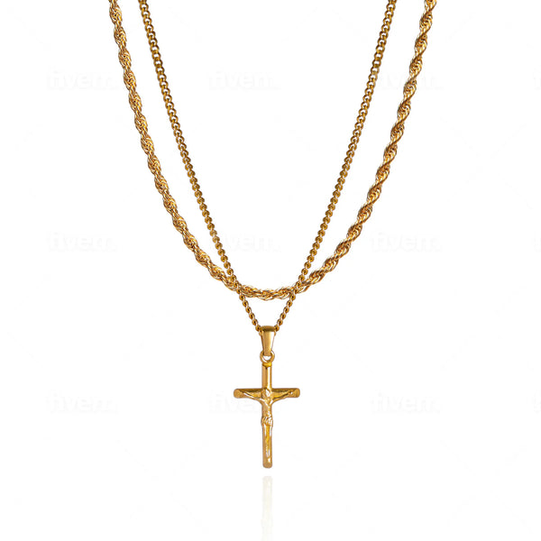 Gold Set - Crucifix and 5mm Rope Chain Necklace