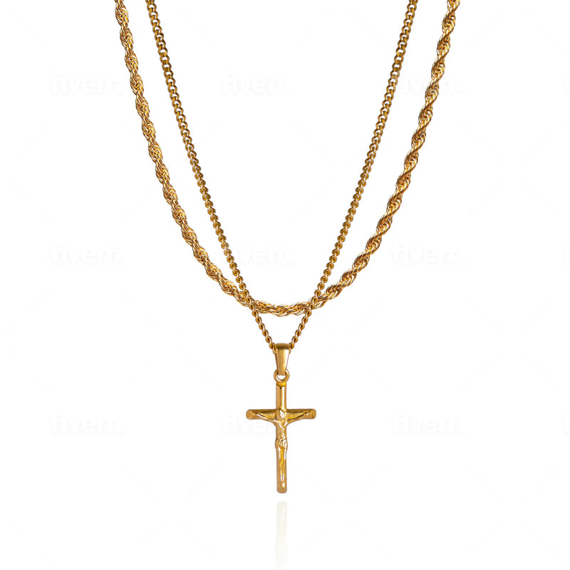 Gold Set - Crucifix and 5mm Rope Chain Necklace
