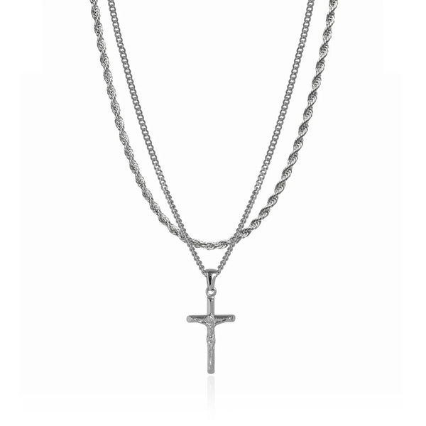 SILVER SET - CRUCIFIX AND 3MM ROPE CHAIN NECKLACE