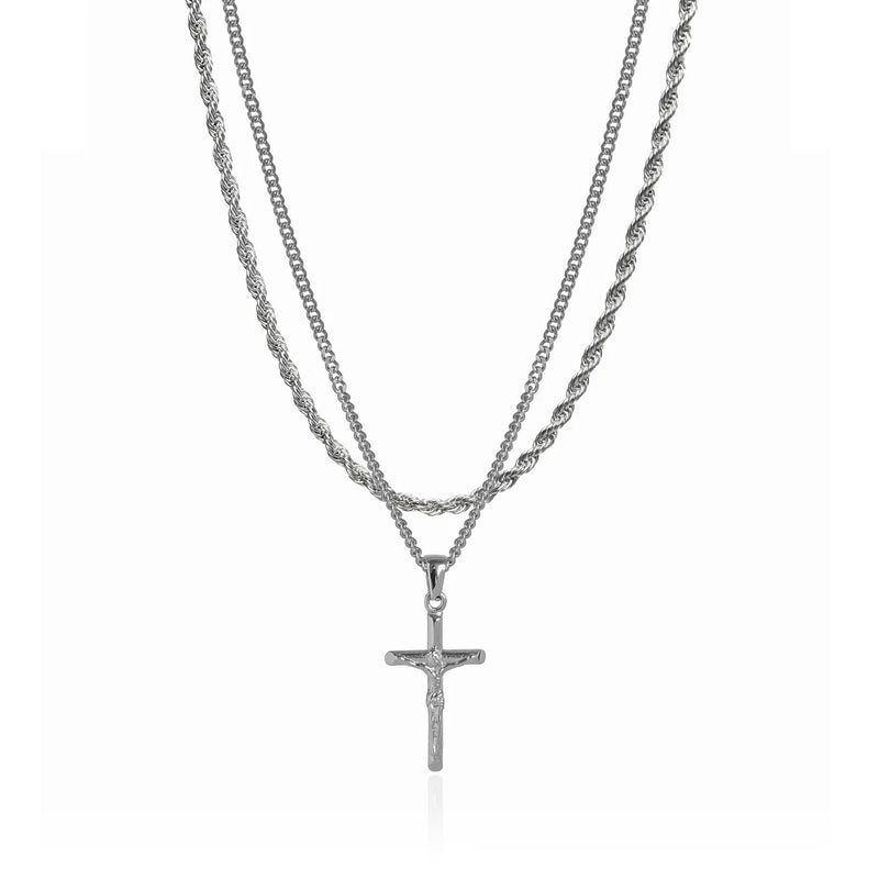 SILVER SET - CRUCIFIX AND 3MM ROPE CHAIN NECKLACE