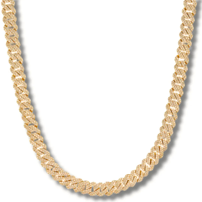 Gold Diamond Prong Link Chain Necklace - Cuban 14mm