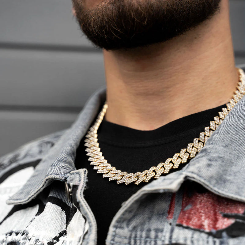 Gold Diamond Prong Link Chain Necklace - Cuban 14mm