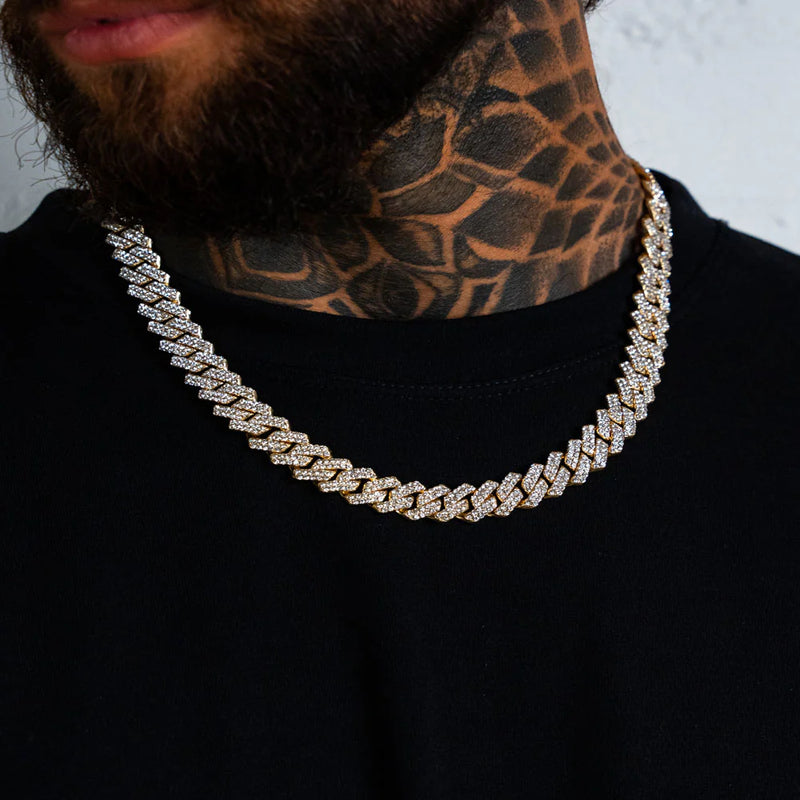 Gold Diamond Prong Link Chain Necklace - Cuban 14mm