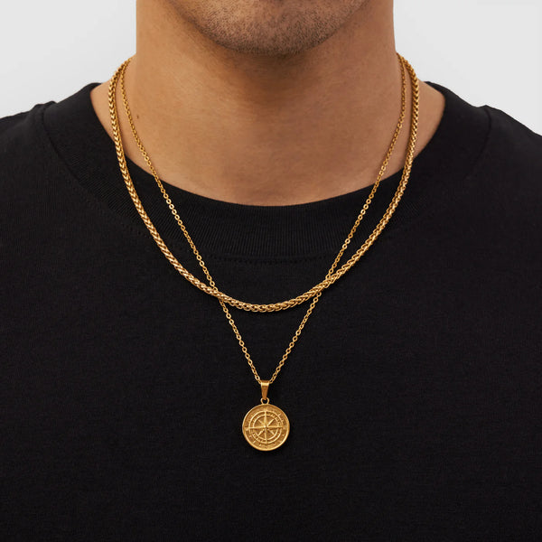 Gold Set - Compass and 5mm Rope Chain Necklace