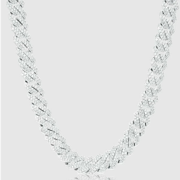 Silver Diamond Prong Link Chain Necklace - Cuban 14mm