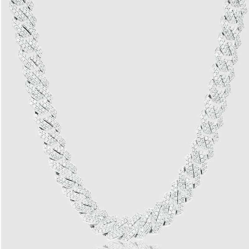 Silver Diamond Prong Link Chain Necklace - Cuban 14mm