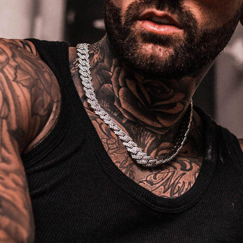 Silver Diamond Prong Link Chain Necklace - Cuban 14mm
