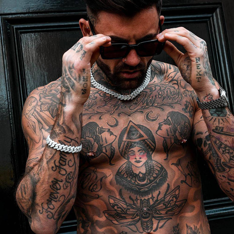 Silver Diamond Prong Link Chain Necklace - Cuban 14mm